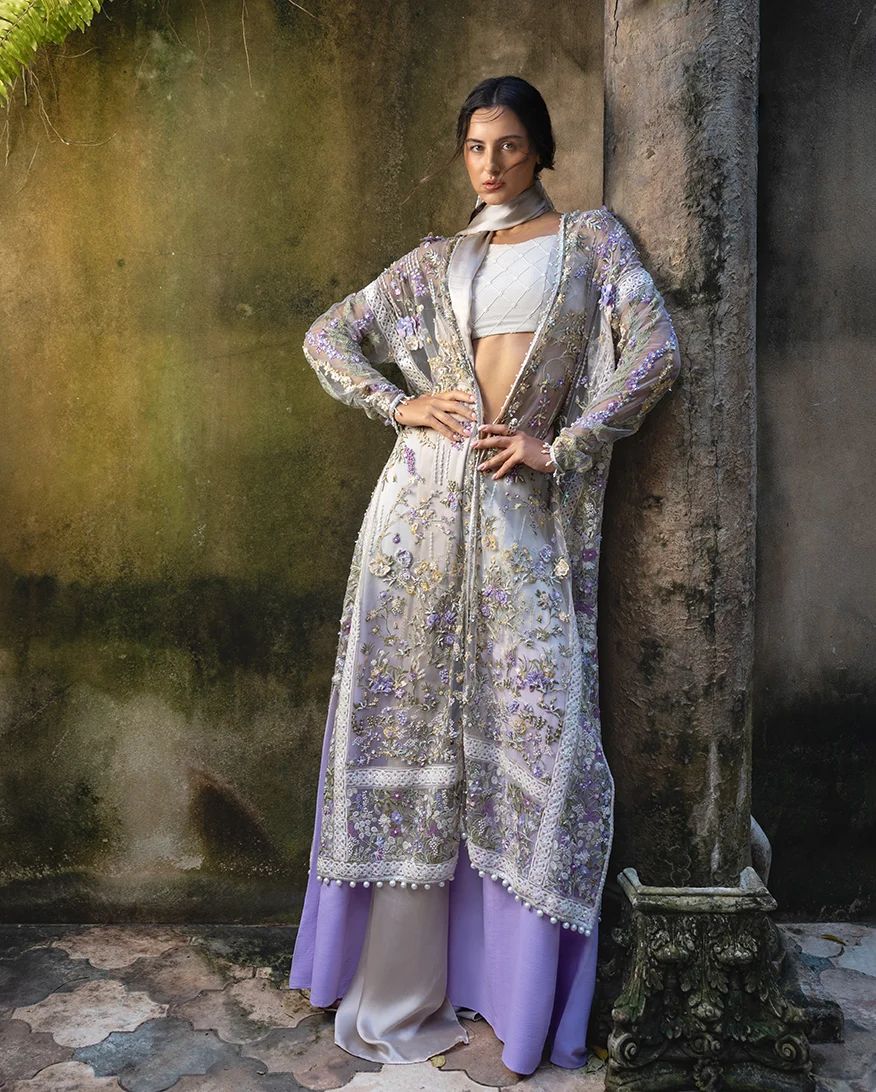 Mushq Elara 4pc Hand-Embellished Lilac Net Formal Suit