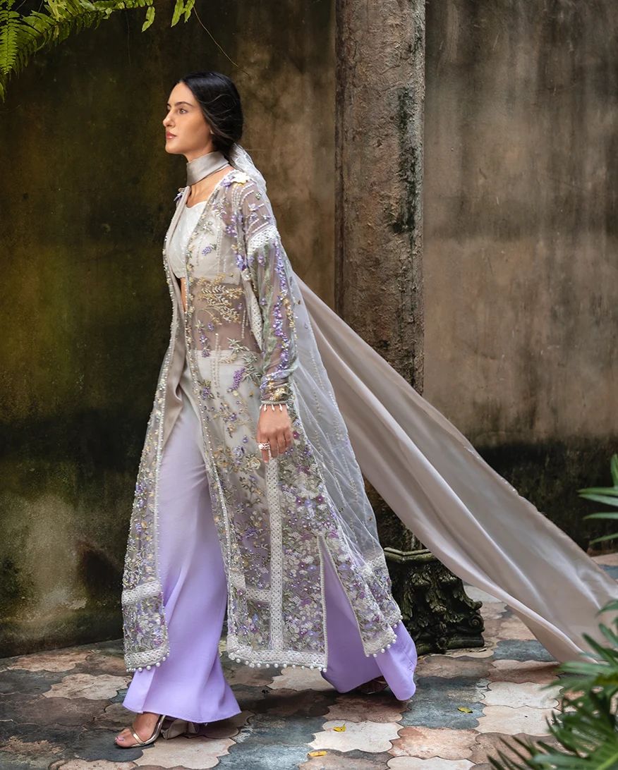 Mushq Elara 4pc Hand-Embellished Lilac Net Formal Suit