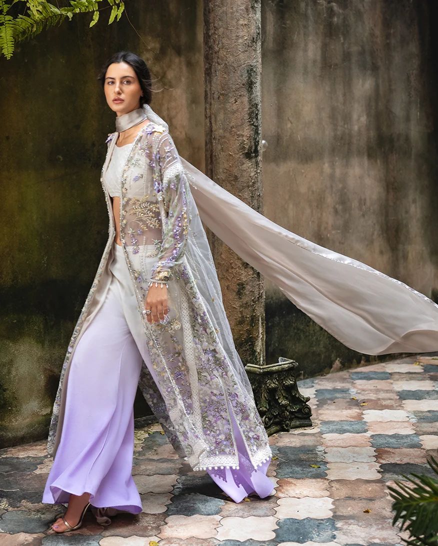 Mushq Elara 4pc Hand-Embellished Lilac Net Formal Suit