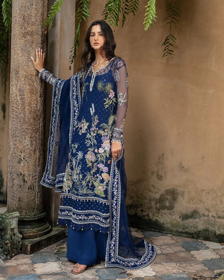 Mushq Naira Hand-Embellished Navy Net Formal Suit