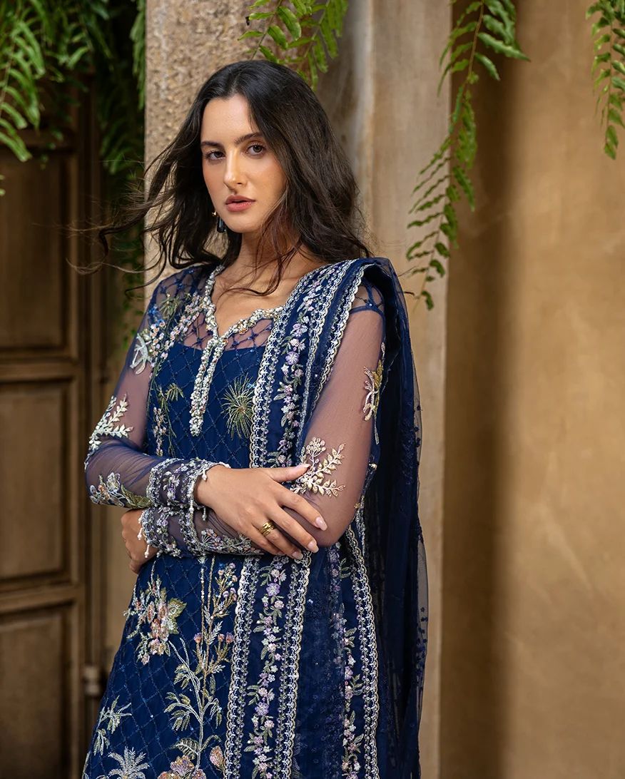 Mushq Naira Hand-Embellished Navy Net Formal Suit