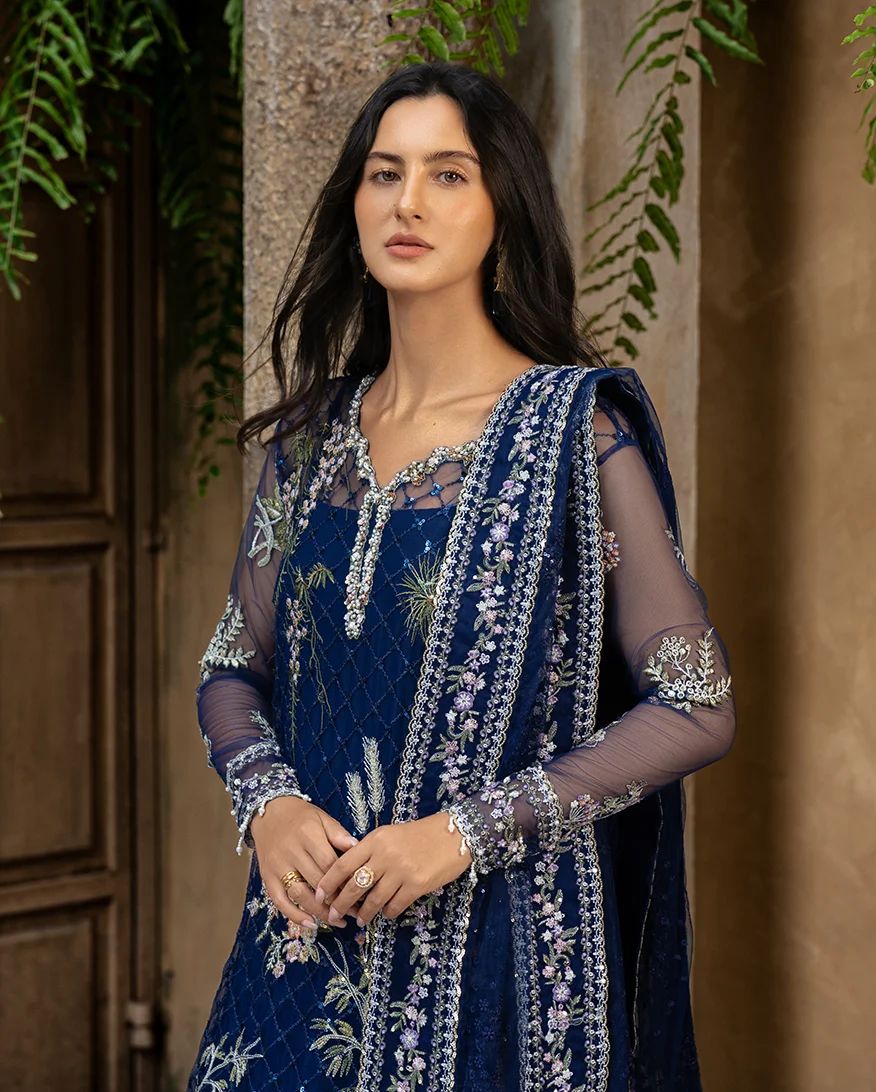 Mushq Naira Hand-Embellished Navy Net Formal Suit