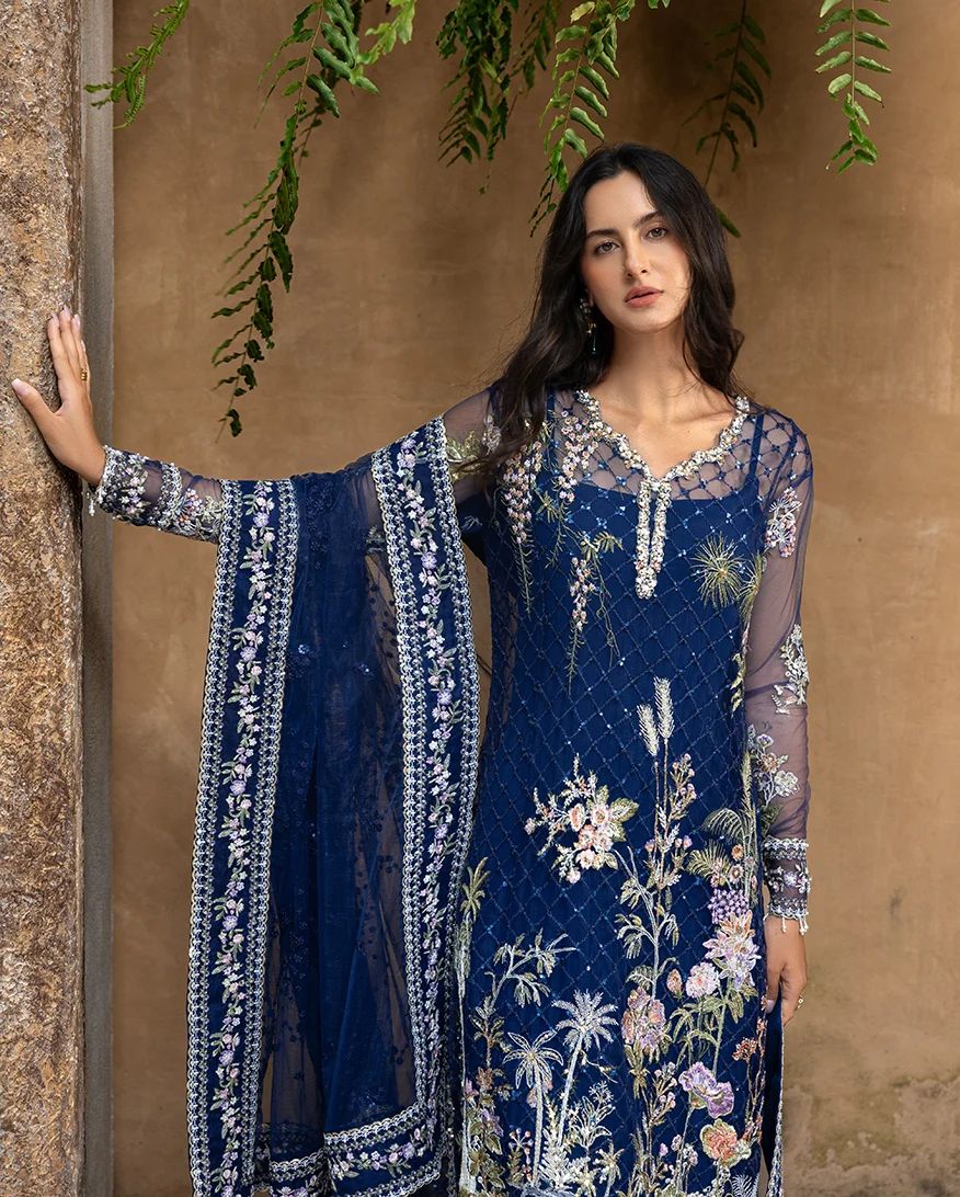 Mushq Naira Hand-Embellished Navy Net Formal Suit