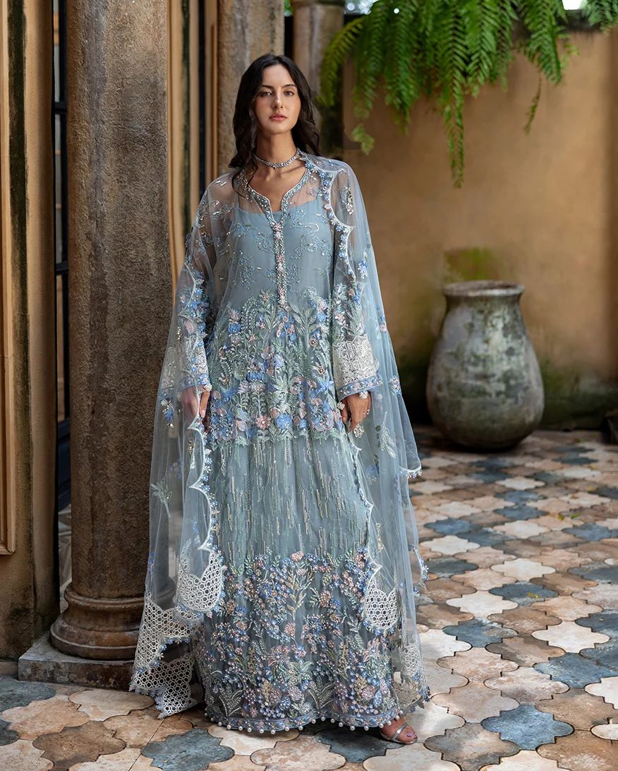 Mushq Zoya 4pc Hand-Embellished Grey Net Formal Suit