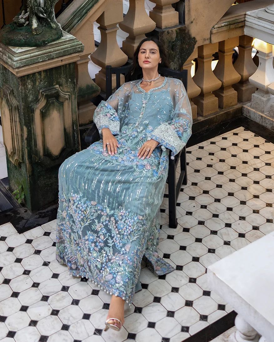 Mushq Zoya 4pc Hand-Embellished Grey Net Formal Suit