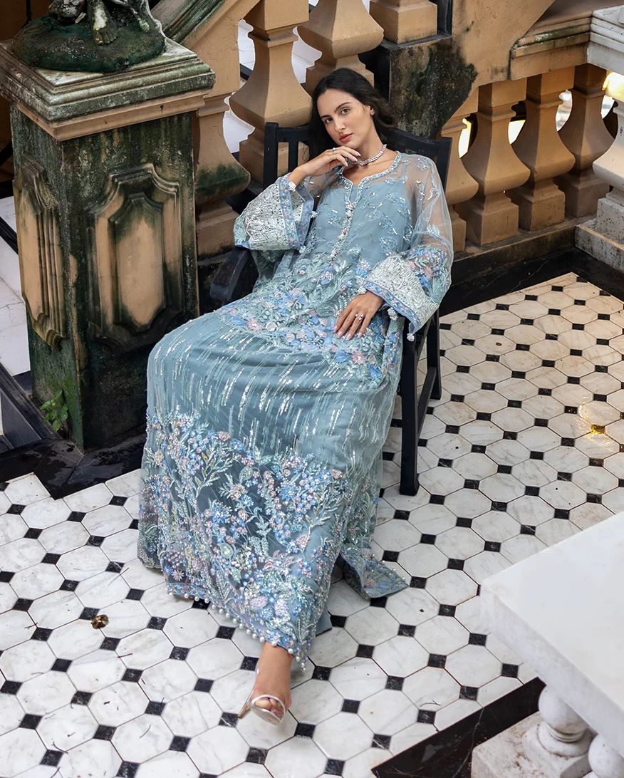 Mushq Zoya 4pc Hand-Embellished Grey Net Formal Suit