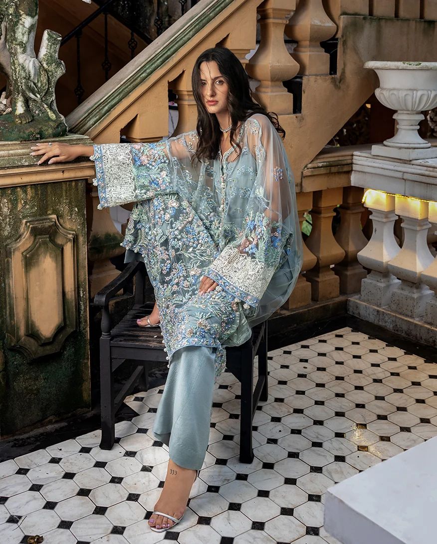 Mushq Zoya 4pc Hand-Embellished Grey Net Formal Suit