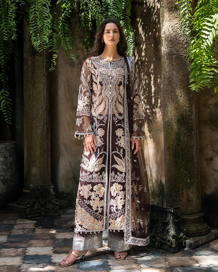 Mushq Maira Hand-Embellished Brown Net Formal Suit