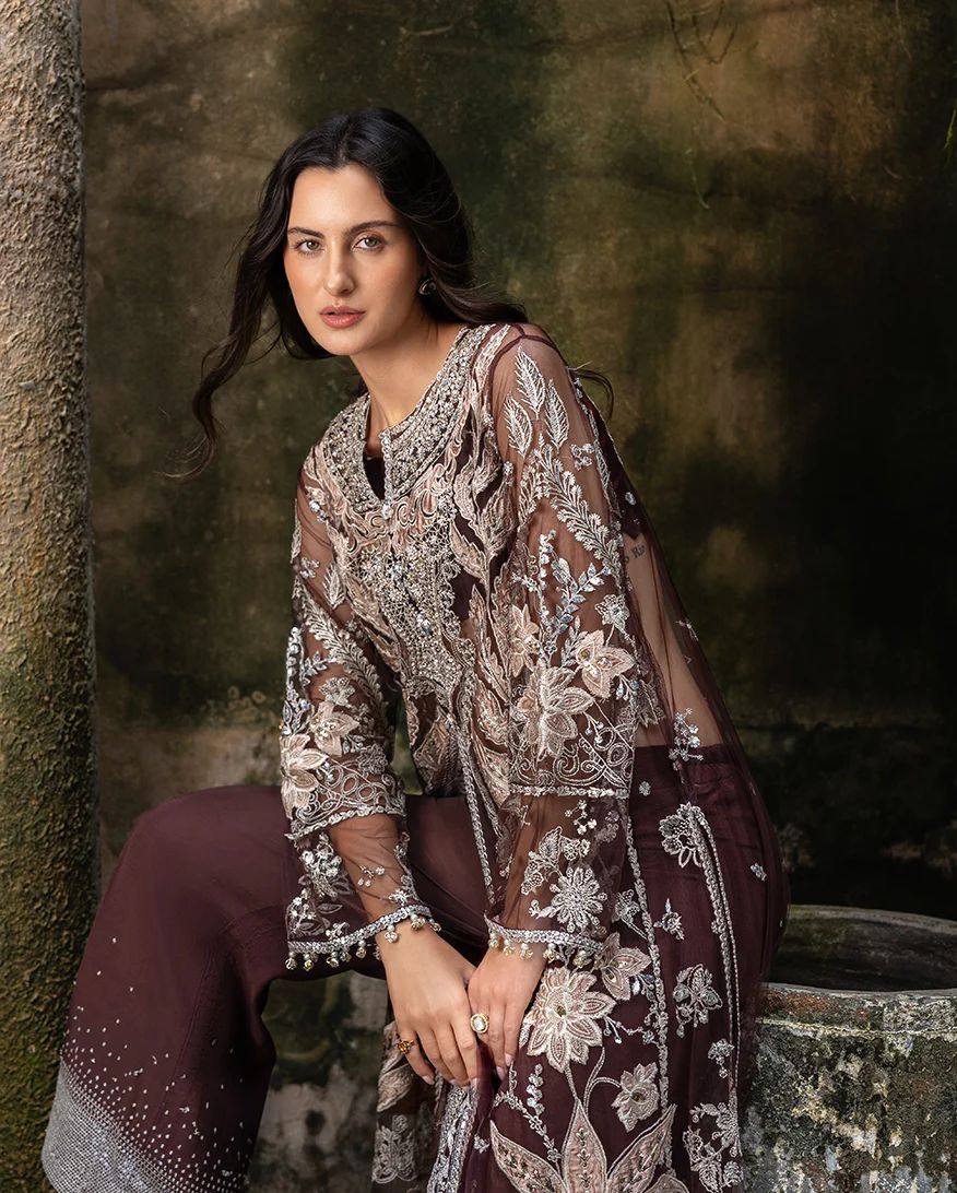 Mushq Maira Hand-Embellished Brown Net Formal Suit