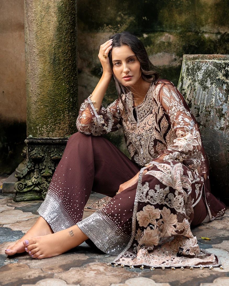 Mushq Maira Hand-Embellished Brown Net Formal Suit
