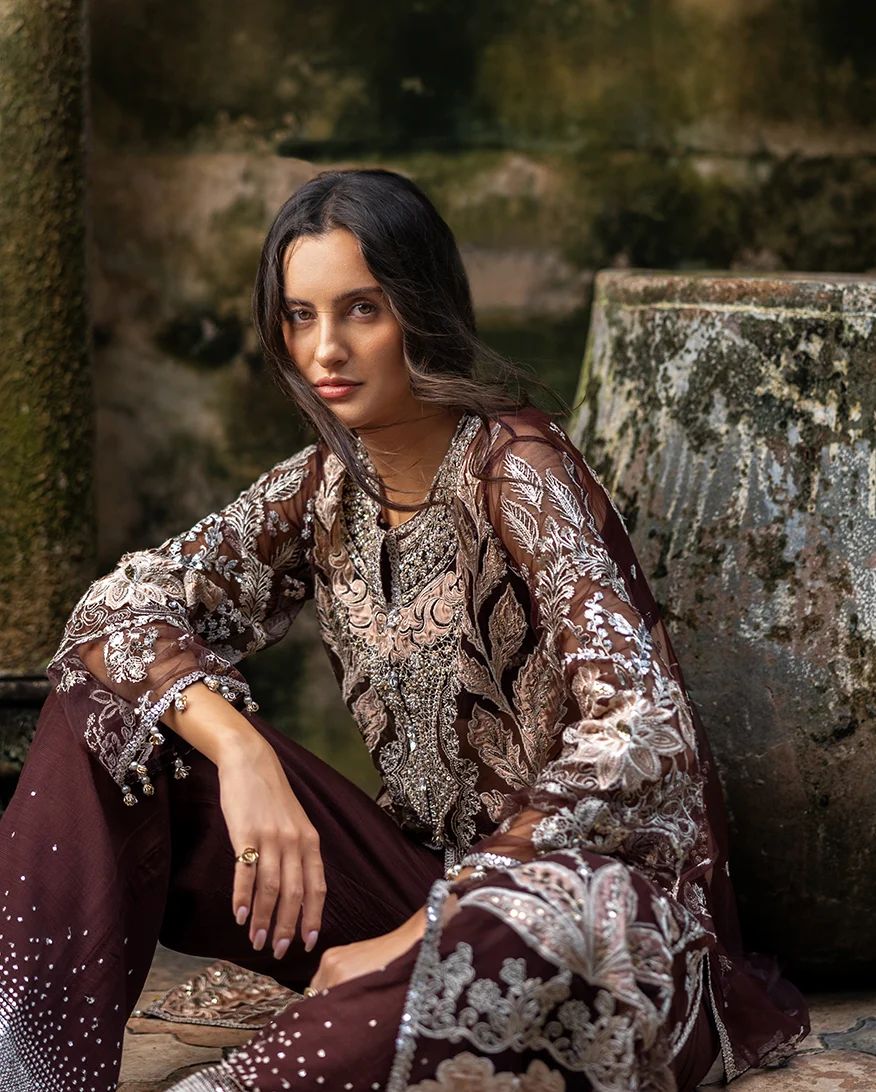 Mushq Maira Hand-Embellished Brown Net Formal Suit