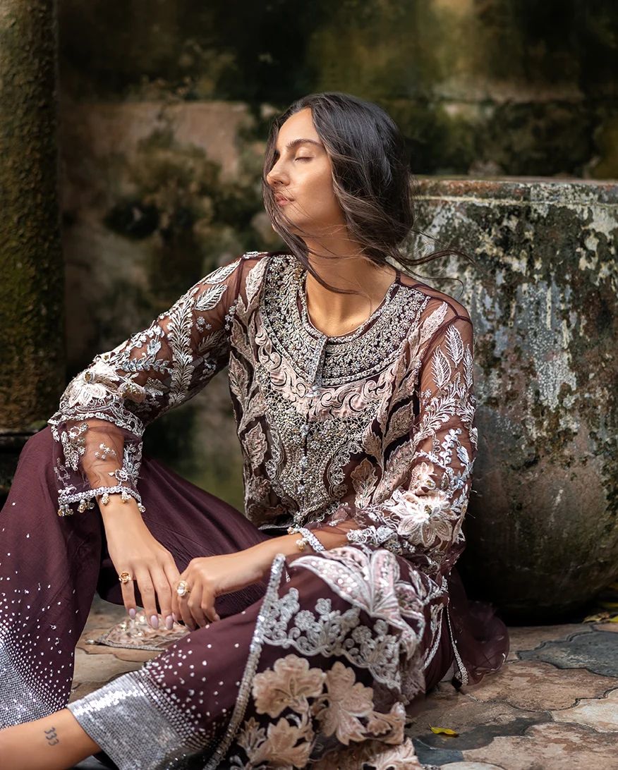 Mushq Maira Hand-Embellished Brown Net Formal Suit