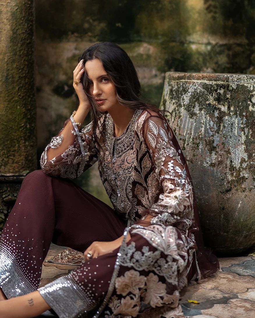 Mushq Maira Hand-Embellished Brown Net Formal Suit