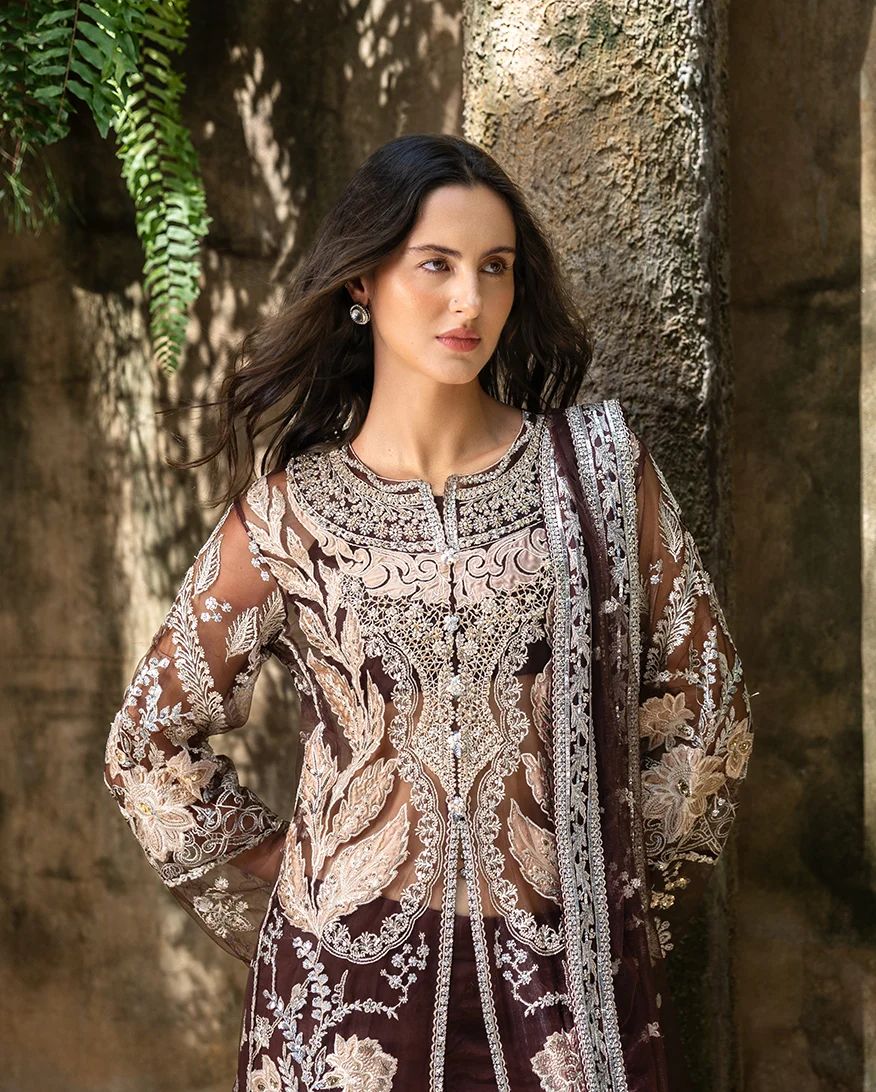 Mushq Maira Hand-Embellished Brown Net Formal Suit