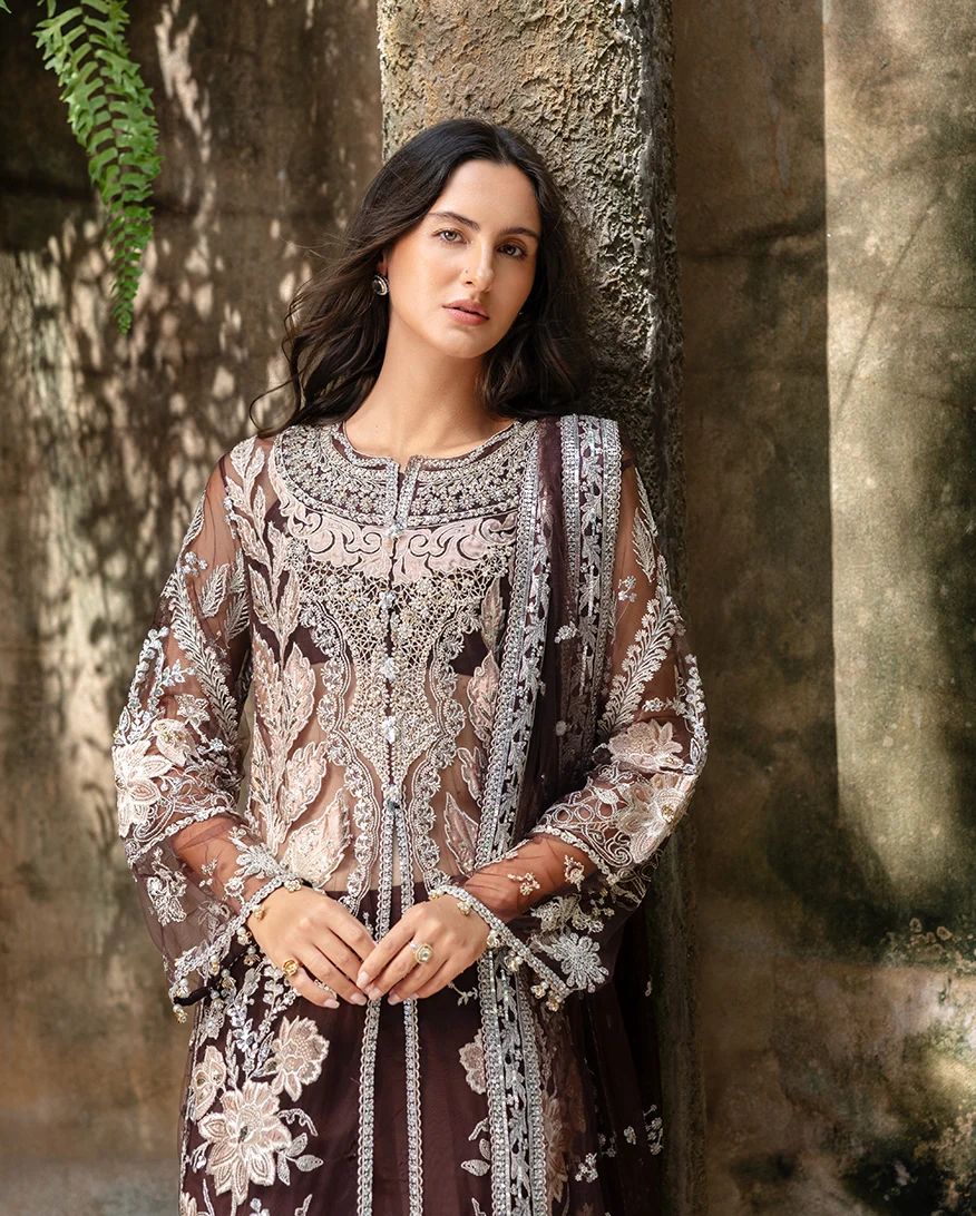 Mushq Maira Hand-Embellished Brown Net Formal Suit