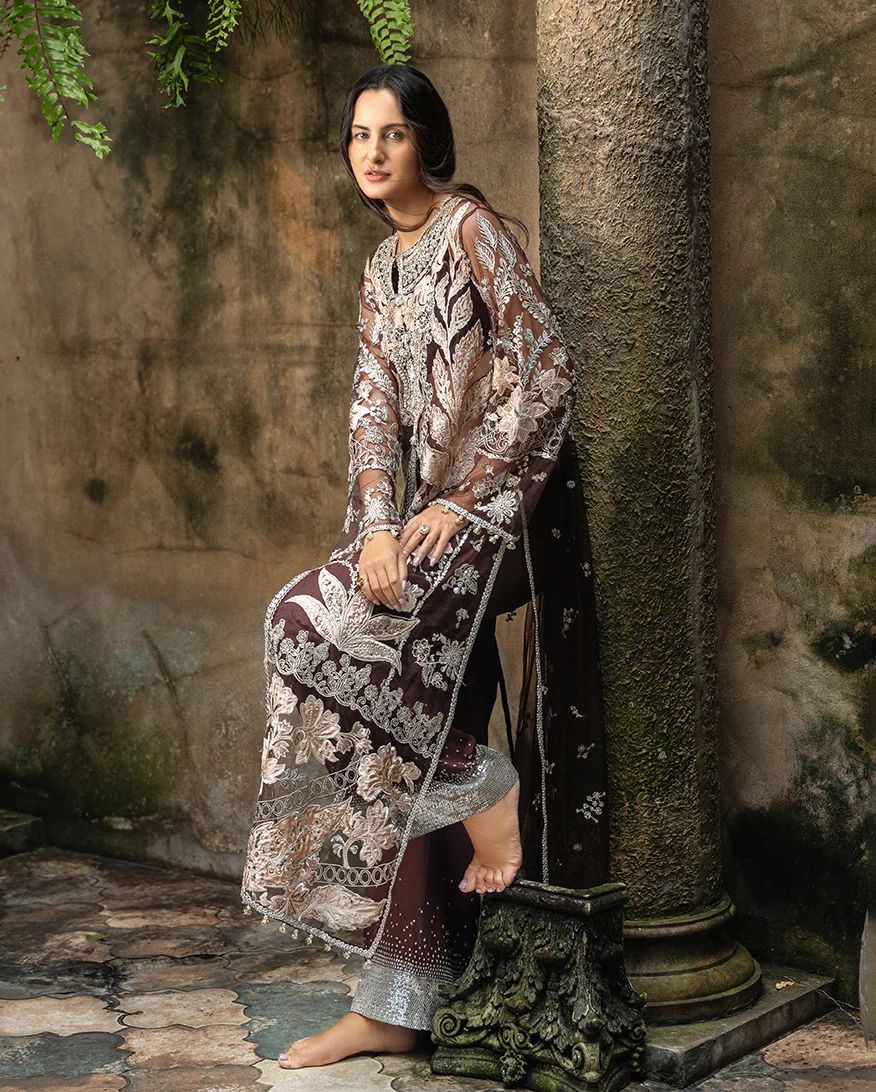 Mushq Maira Hand-Embellished Brown Net Formal Suit