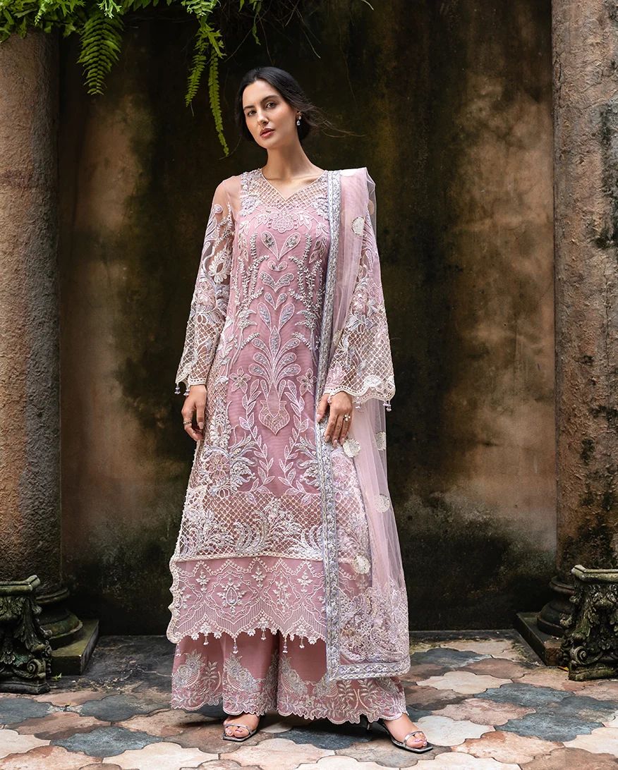 Mushq Inaya 3pc Hand-Embellished Blush Pink Net Formal Suit