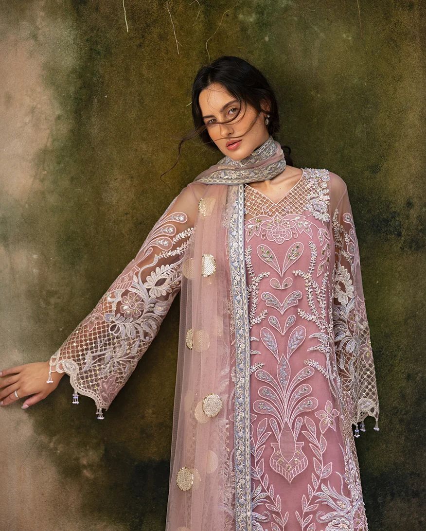 Mushq Inaya 3pc Hand-Embellished Blush Pink Net Formal Suit