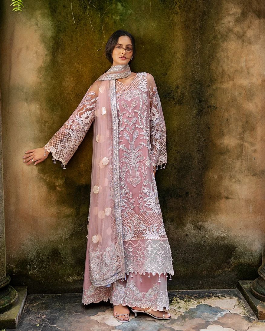 Mushq Inaya 3pc Hand-Embellished Blush Pink Net Formal Suit