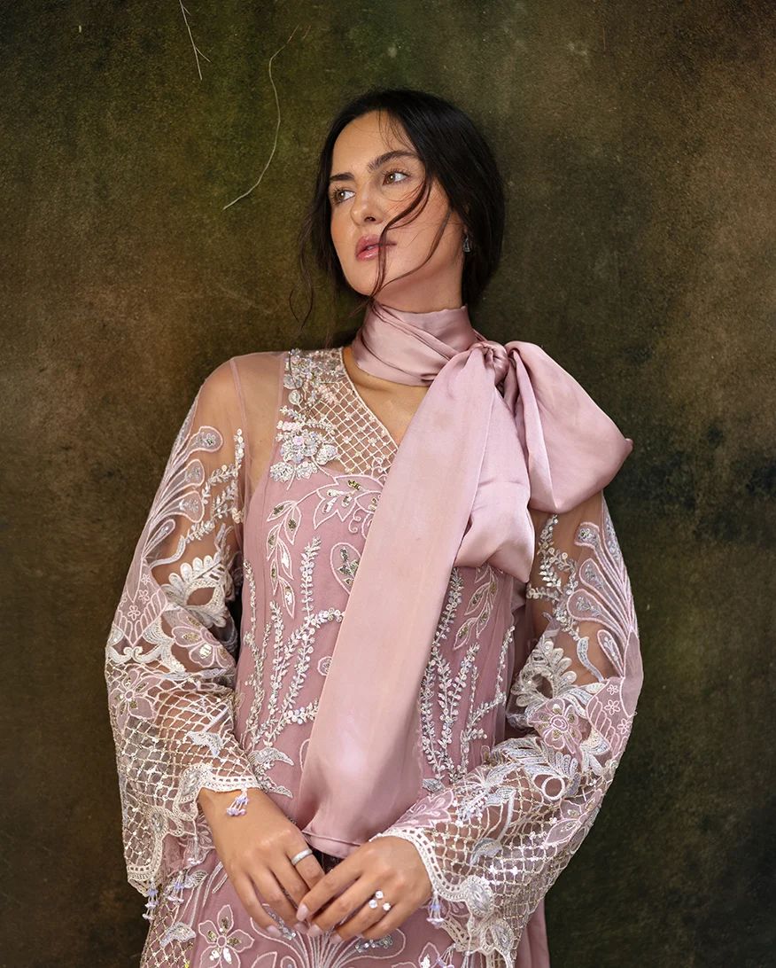Mushq Inaya 3pc Hand-Embellished Blush Pink Net Formal Suit