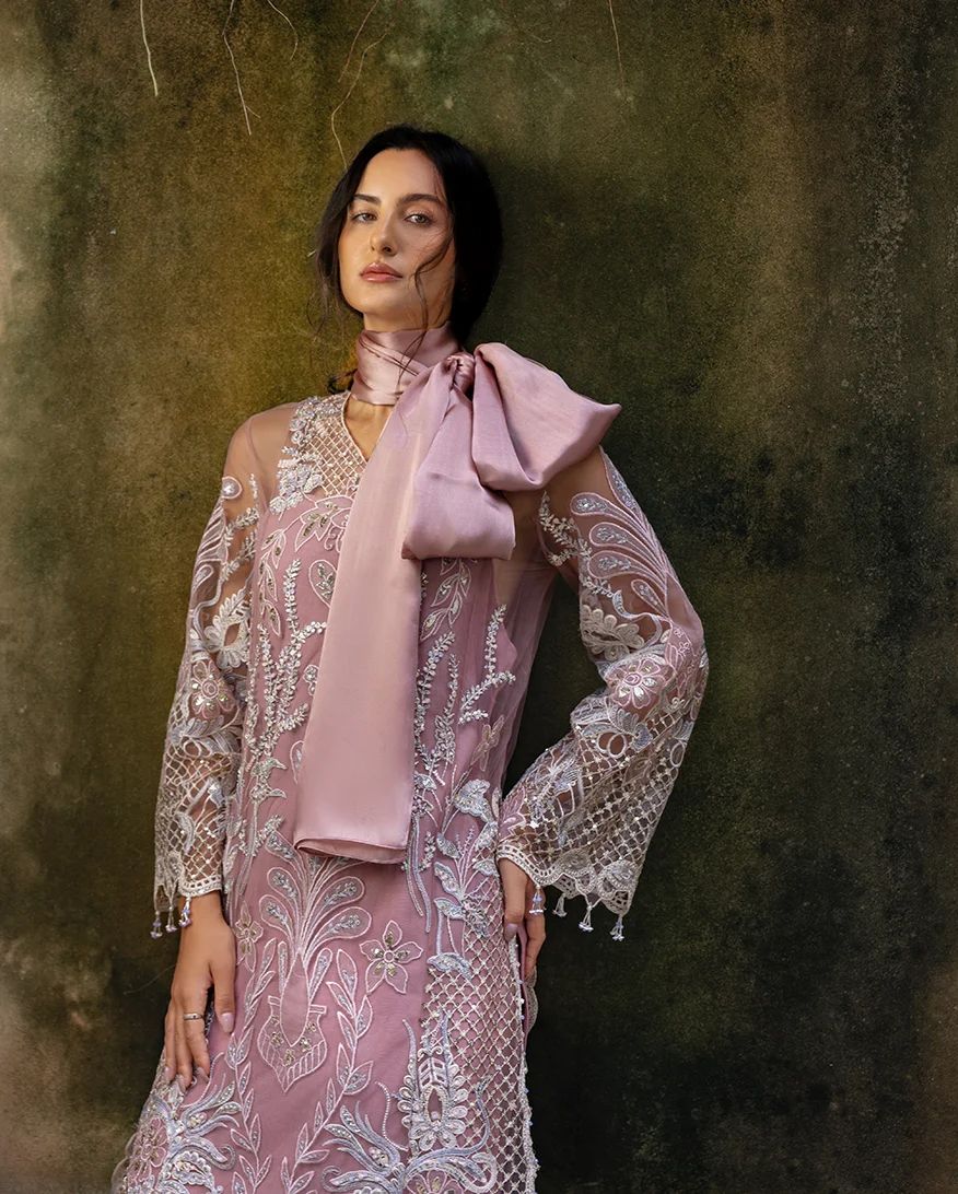 Mushq Inaya 3pc Hand-Embellished Blush Pink Net Formal Suit