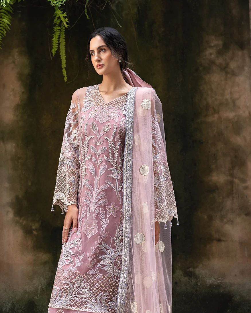Mushq Inaya 3pc Hand-Embellished Blush Pink Net Formal Suit