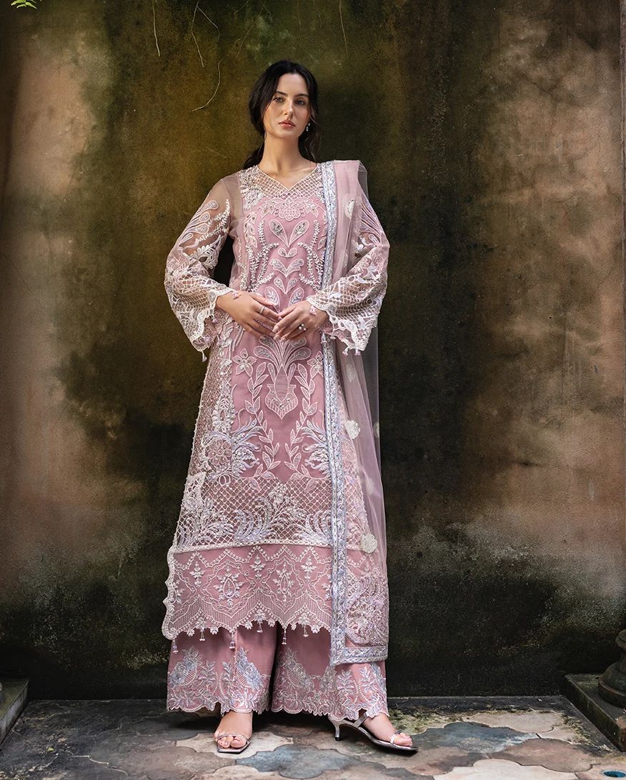 Mushq Inaya 3pc Hand-Embellished Blush Pink Net Formal Suit