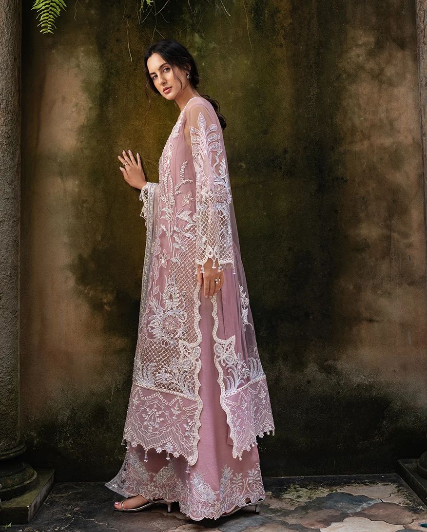 Mushq Inaya 3pc Hand-Embellished Blush Pink Net Formal Suit