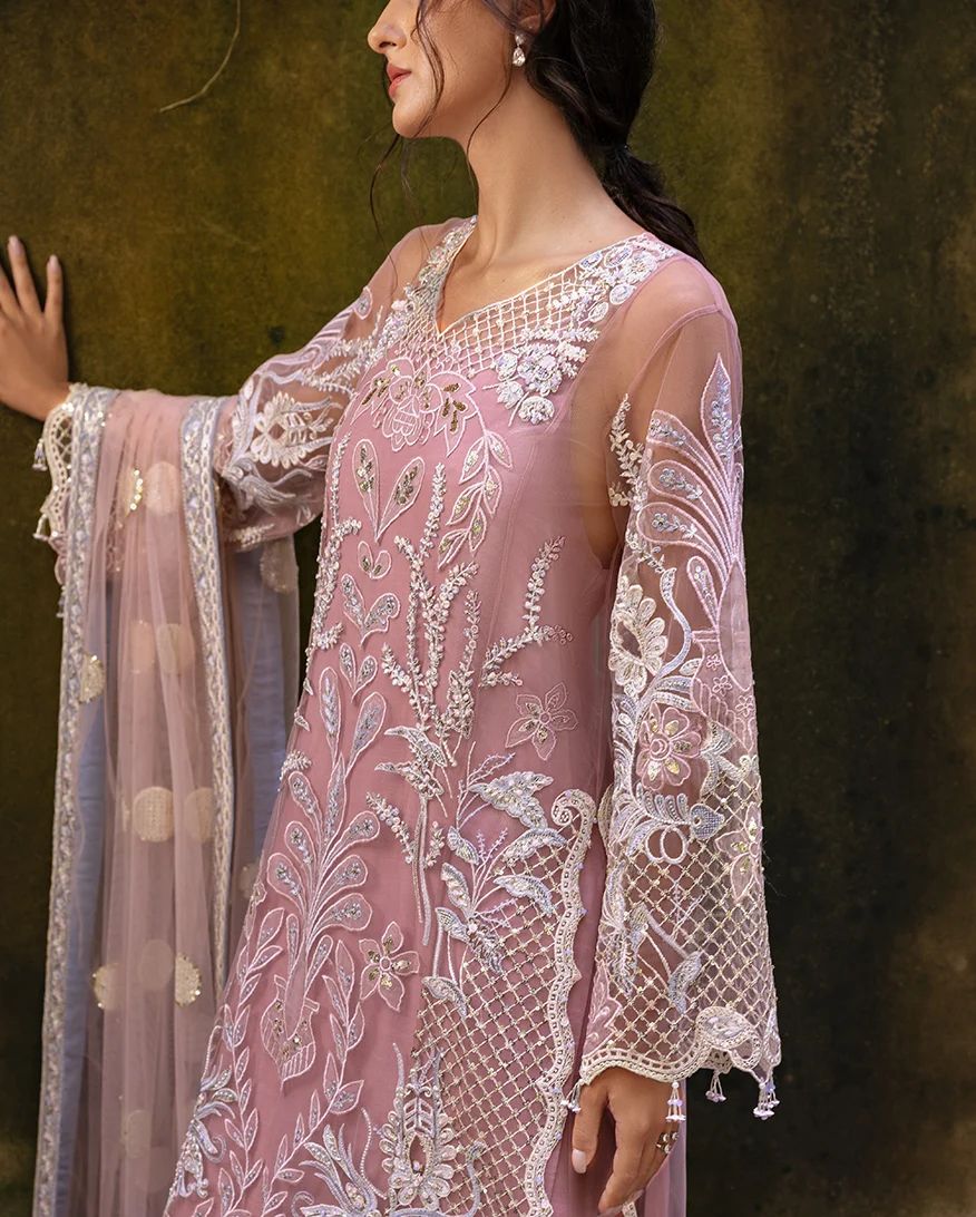 Mushq Inaya 3pc Hand-Embellished Blush Pink Net Formal Suit