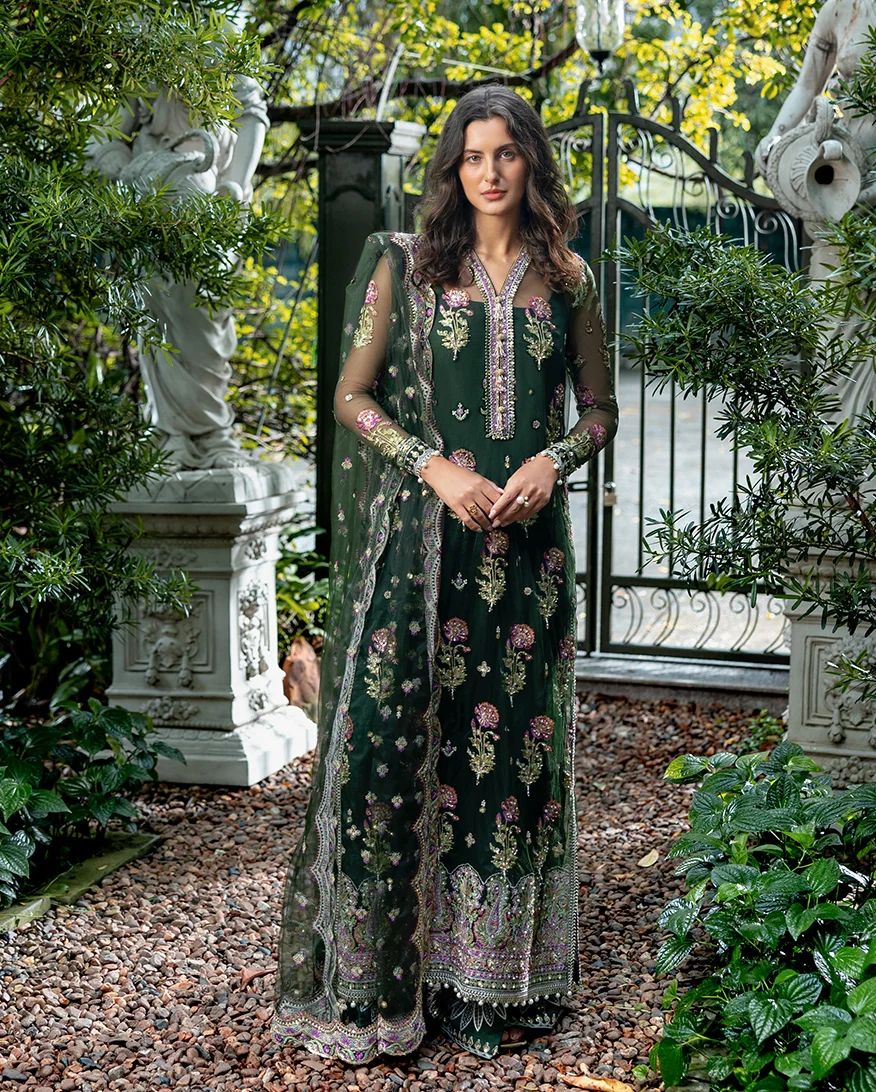 Mushq Sabah 3pc Hand-Embellished Bottle Green Net Formal Suit