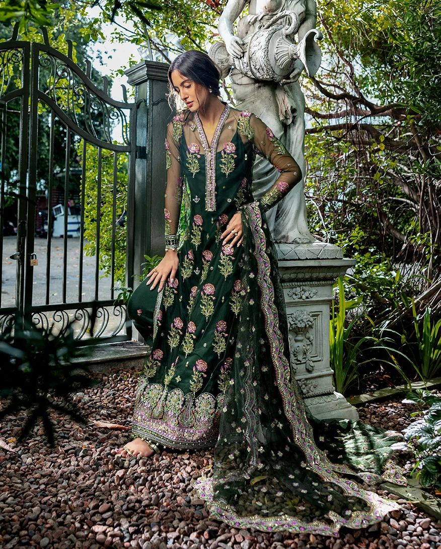 Mushq Sabah 3pc Hand-Embellished Bottle Green Net Formal Suit