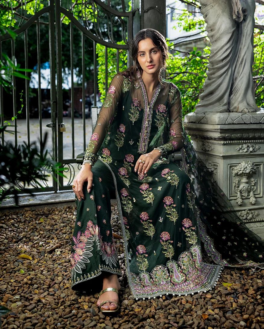 Mushq Sabah 3pc Hand-Embellished Bottle Green Net Formal Suit
