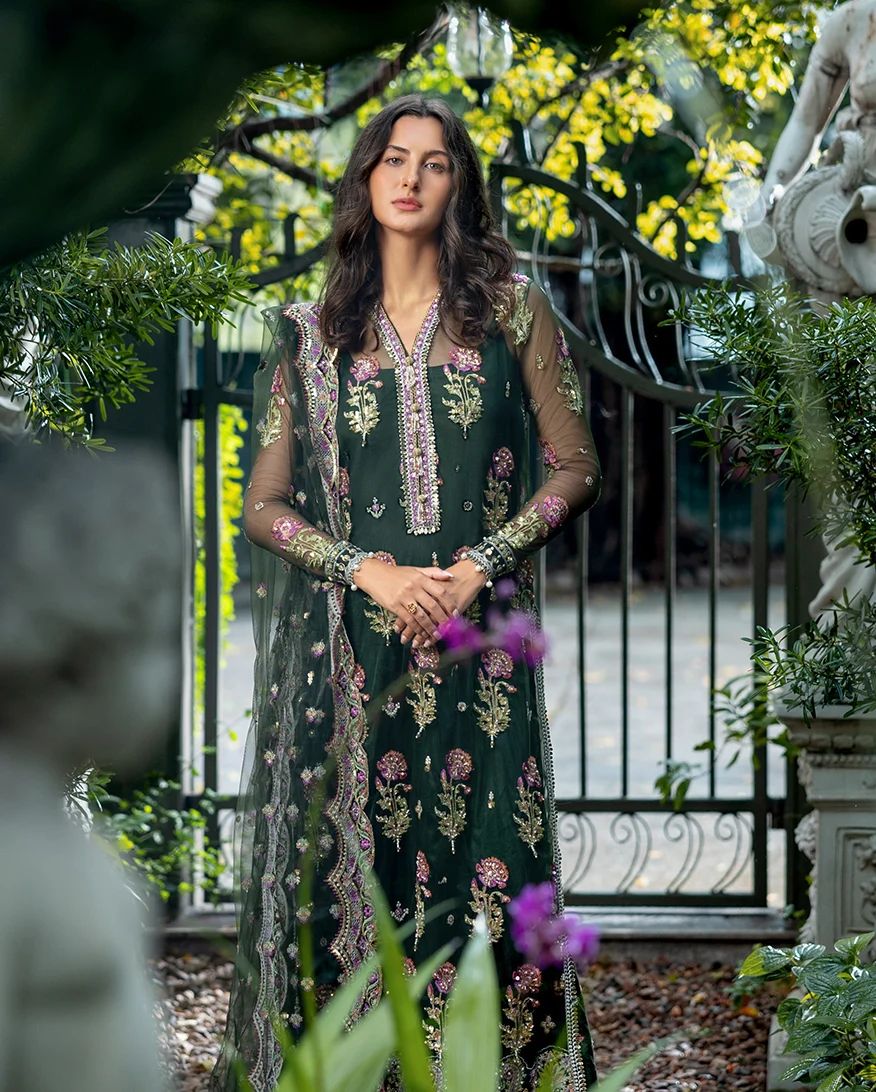 Mushq Sabah 3pc Hand-Embellished Bottle Green Net Formal Suit