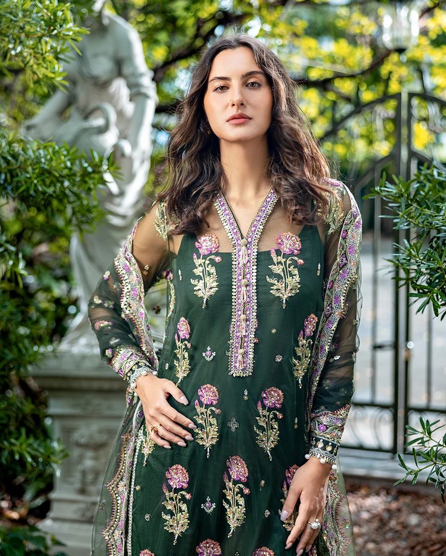 Mushq Sabah 3pc Hand-Embellished Bottle Green Net Formal Suit