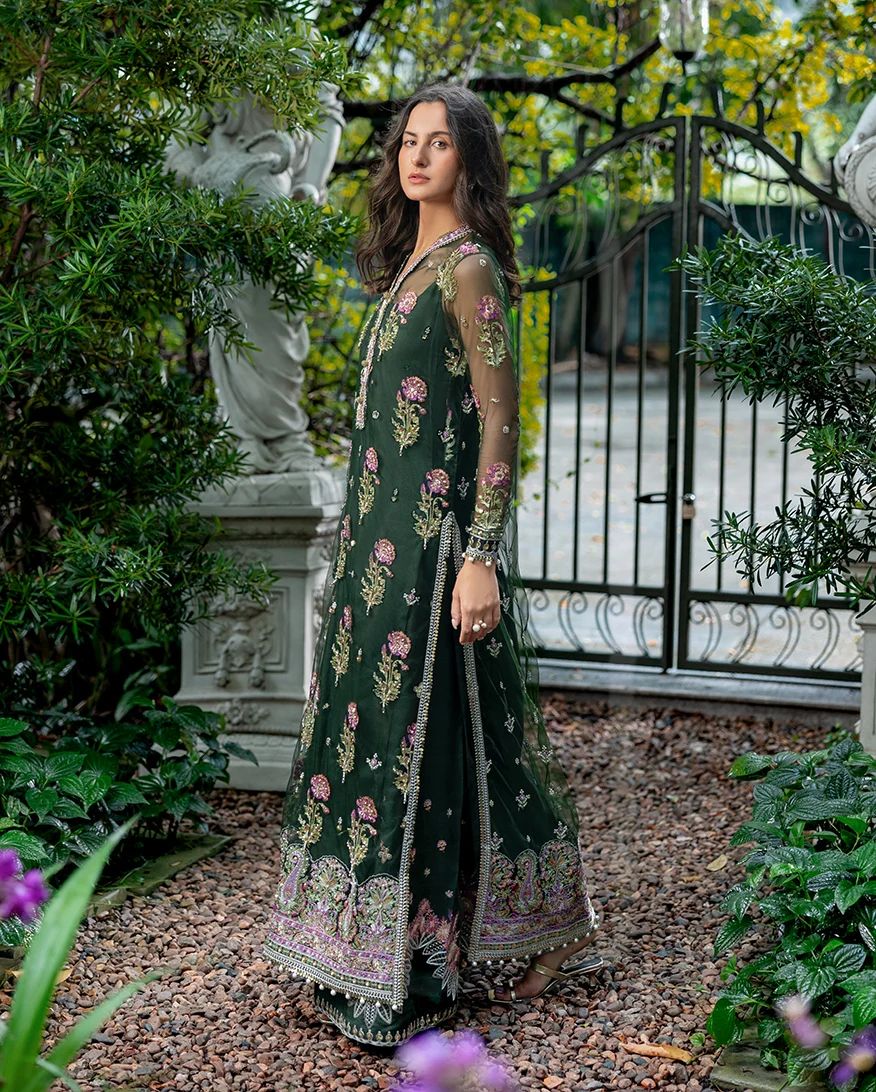 Mushq Sabah 3pc Hand-Embellished Bottle Green Net Formal Suit