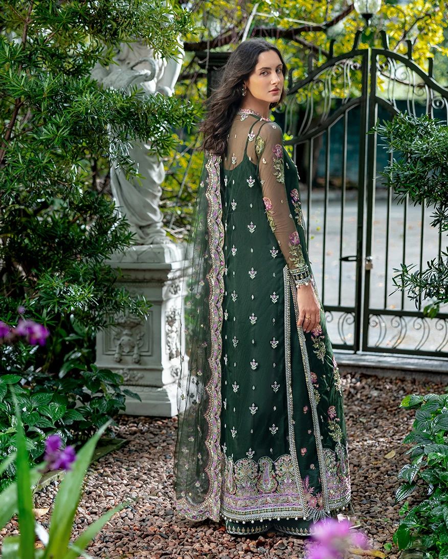 Mushq Sabah 3pc Hand-Embellished Bottle Green Net Formal Suit