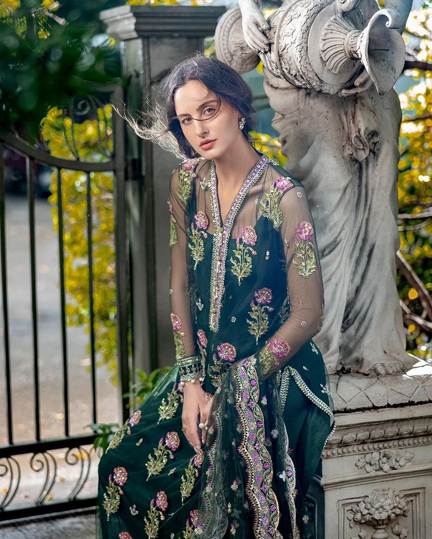 Mushq Sabah 3pc Hand-Embellished Bottle Green Net Formal Suit