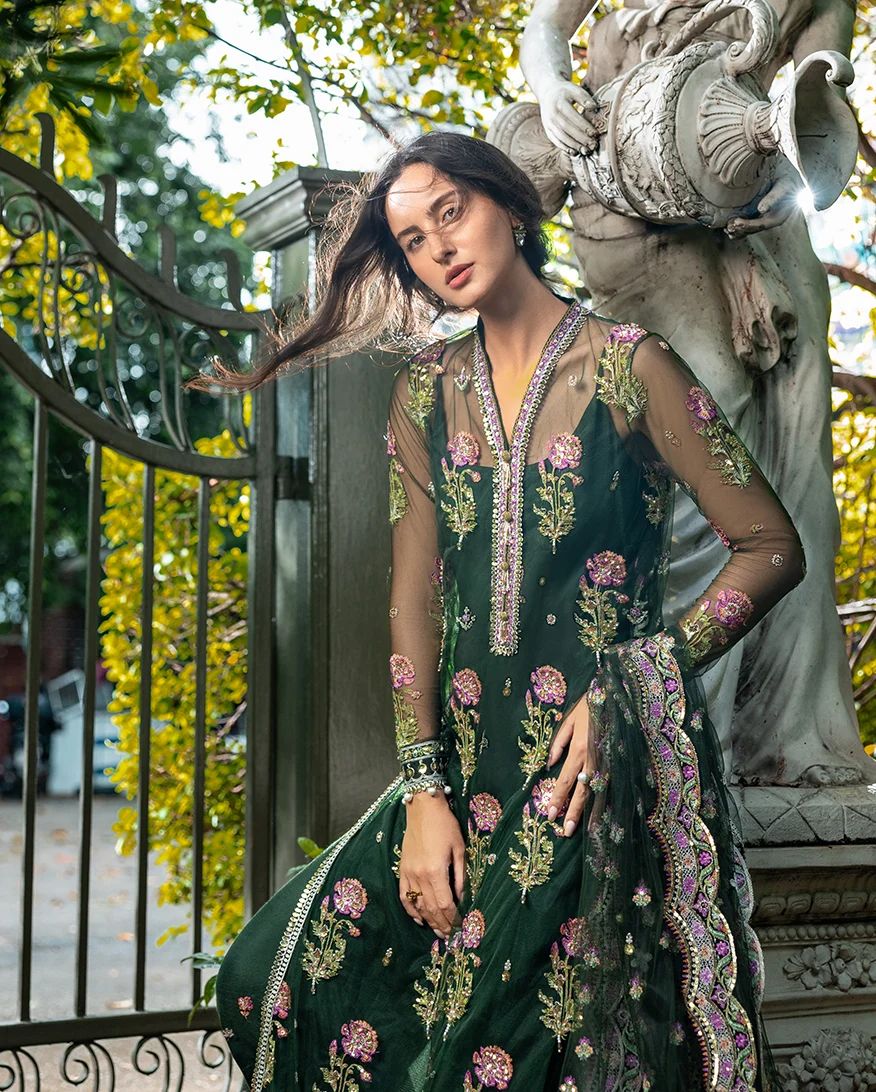 Mushq Sabah 3pc Hand-Embellished Bottle Green Net Formal Suit