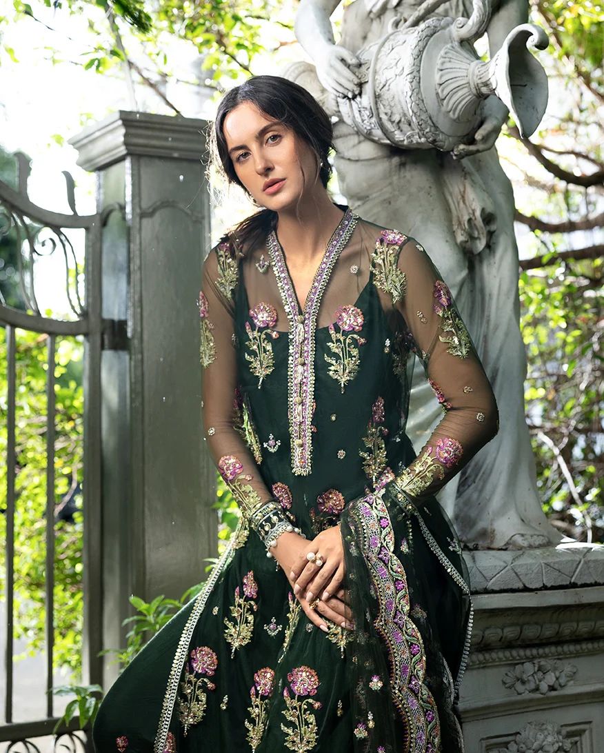 Mushq Sabah 3pc Hand-Embellished Bottle Green Net Formal Suit