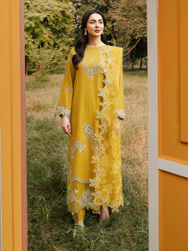 Hania’s Eid Twinning Charm by Mona – Mustard Chikankari Jacquard HEC8
