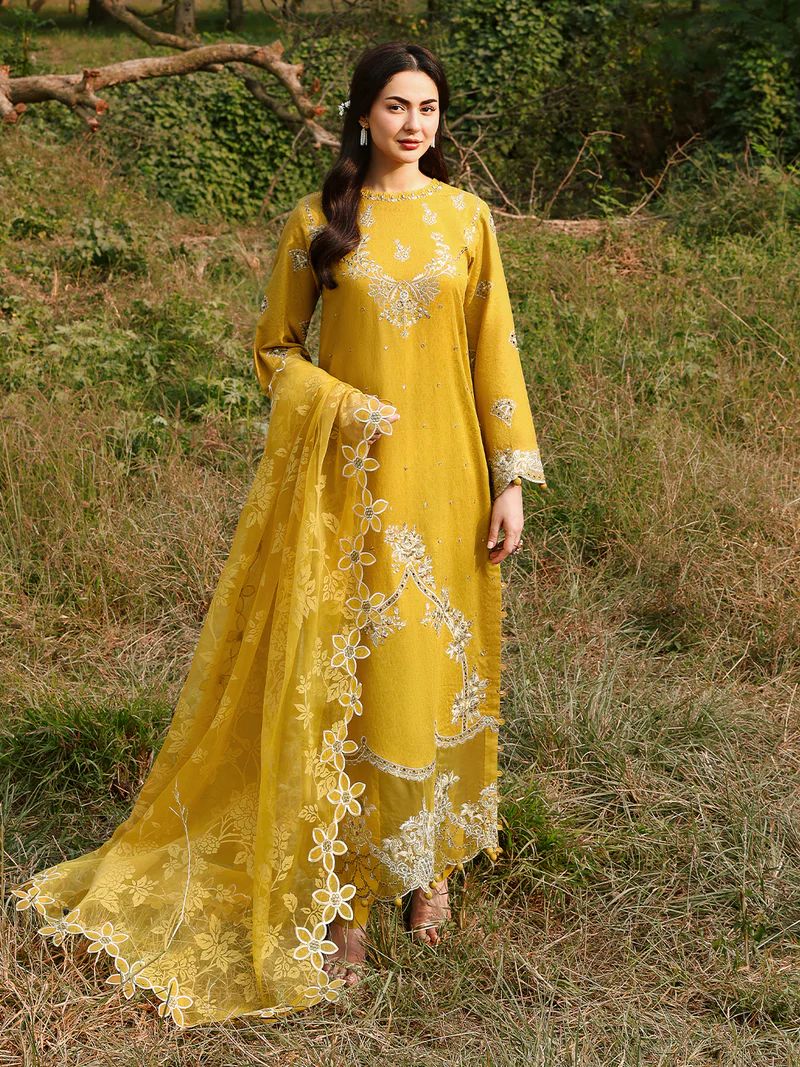 Hania’s Eid Twinning Charm by Mona – Mustard Chikankari Jacquard HEC8