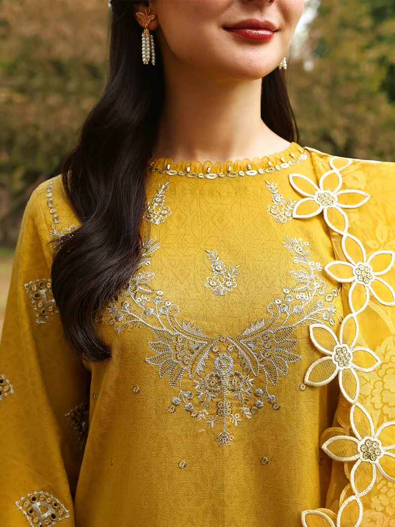 Hania’s Eid Twinning Charm by Mona – Mustard Chikankari Jacquard HEC8