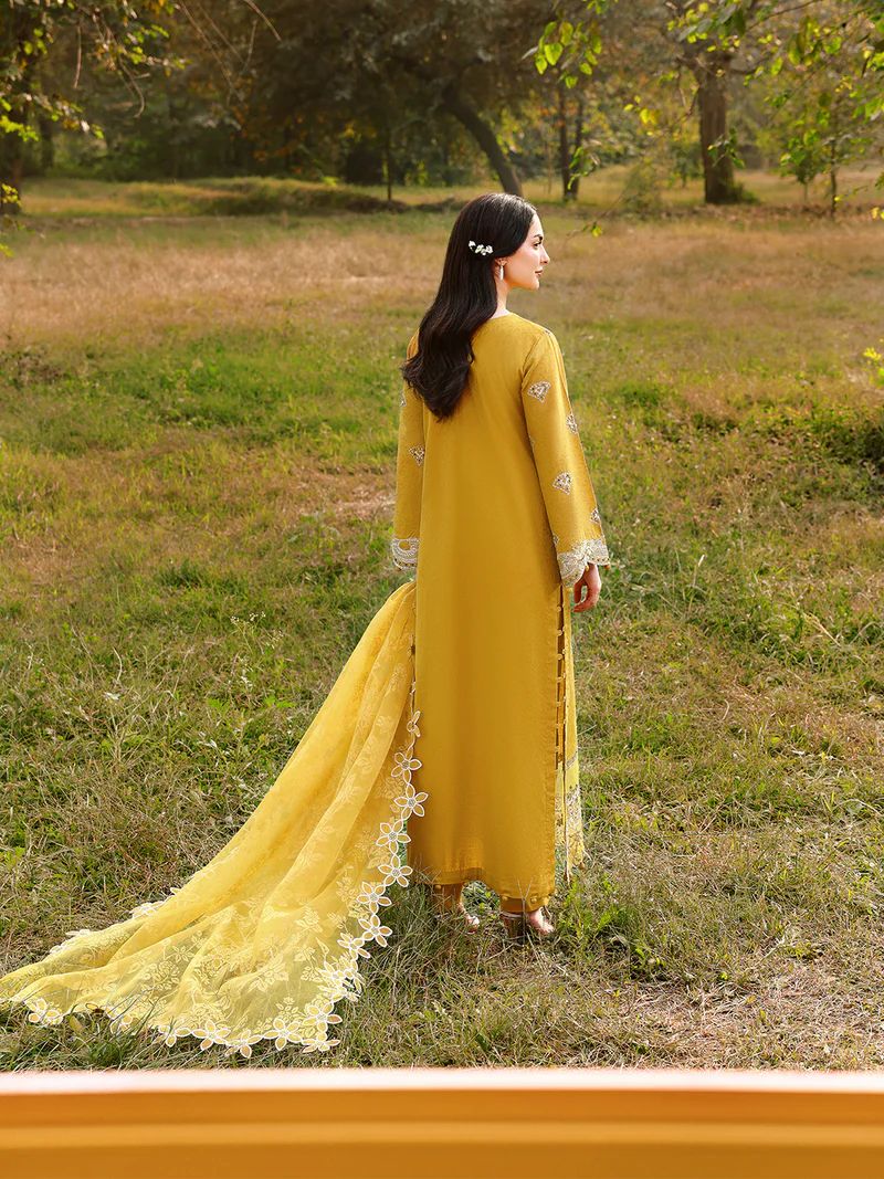 Hania’s Eid Twinning Charm by Mona – Mustard Chikankari Jacquard HEC8