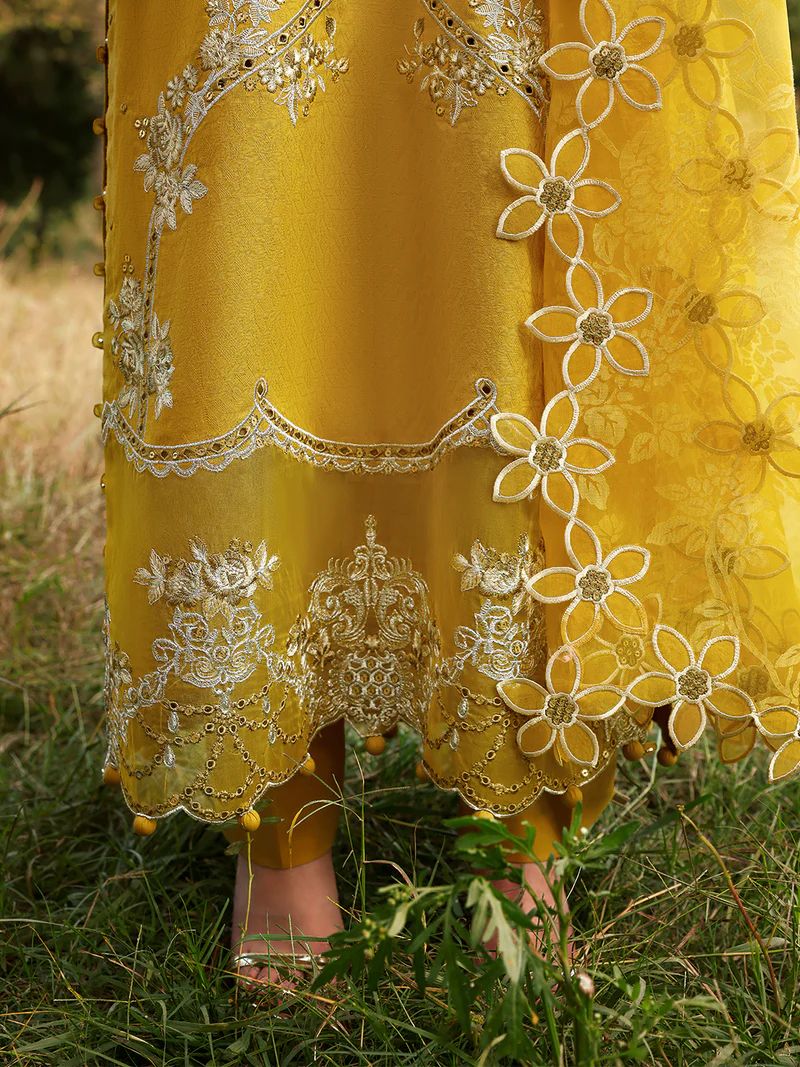 Hania’s Eid Twinning Charm by Mona – Mustard Chikankari Jacquard HEC8