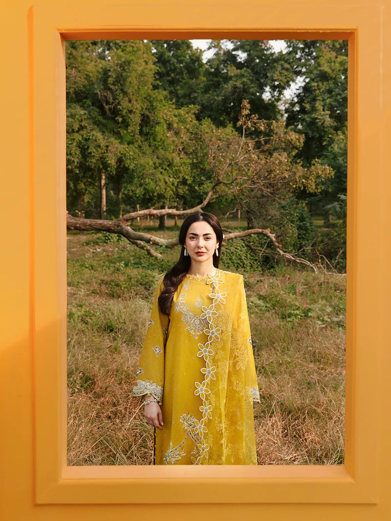 Hania’s Eid Twinning Charm by Mona – Mustard Chikankari Jacquard HEC8