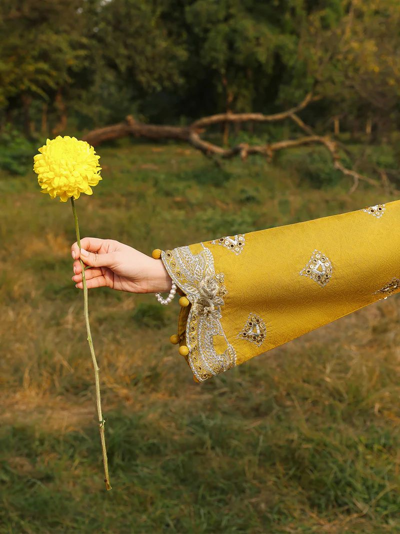 Hania’s Eid Twinning Charm by Mona – Mustard Chikankari Jacquard HEC8