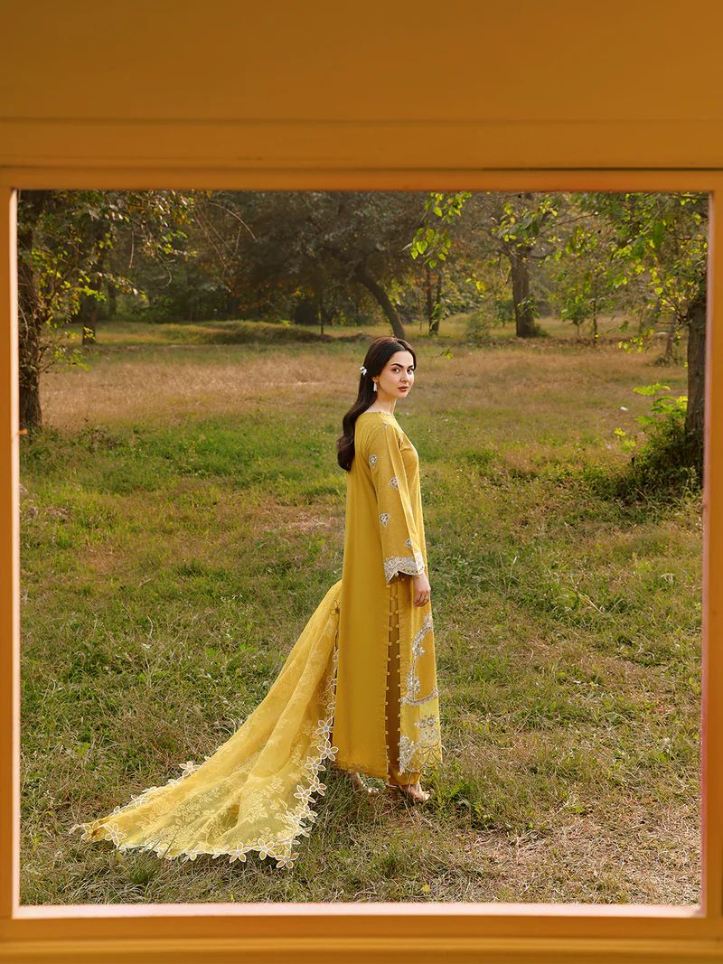 Hania’s Eid Twinning Charm by Mona – Mustard Chikankari Jacquard HEC8