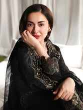 Hania’s Eid Twinning Charm by Mona – Black Chikankari Jacquard Sharara Suit HEC9