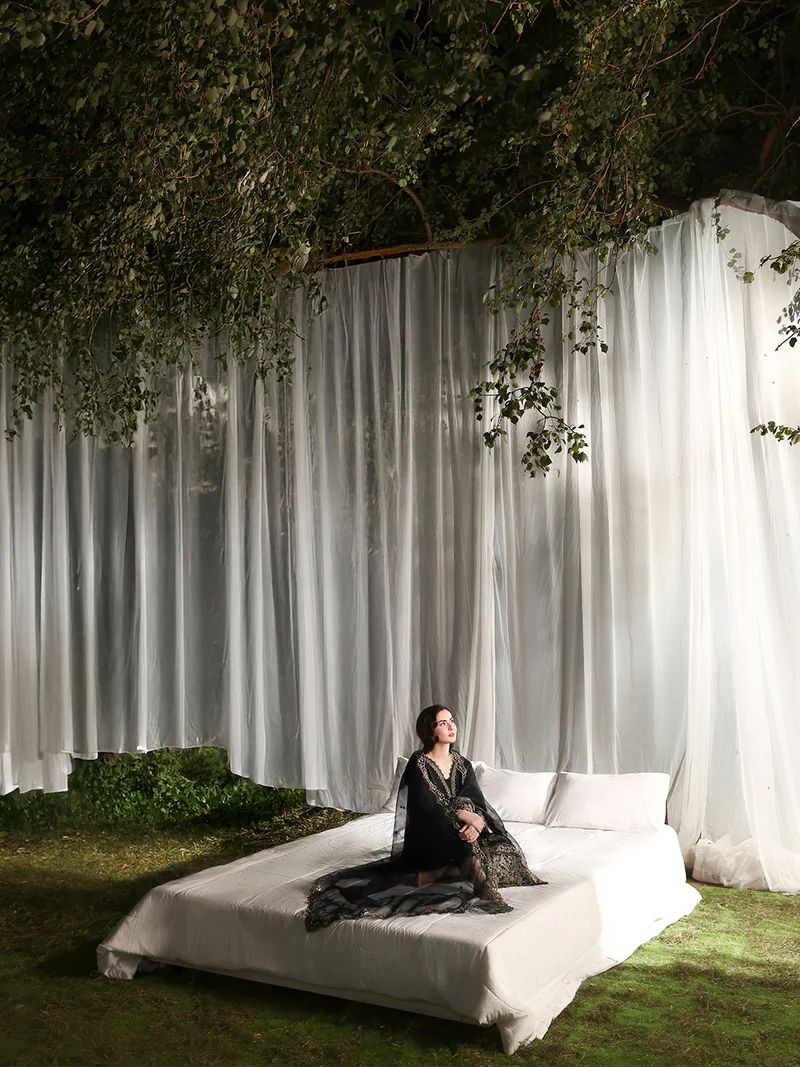 Hania’s Eid Twinning Charm by Mona – Black Chikankari Jacquard Sharara Suit HEC9