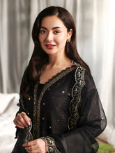 Hania’s Eid Twinning Charm by Mona – Black Chikankari Jacquard Sharara Suit HEC9